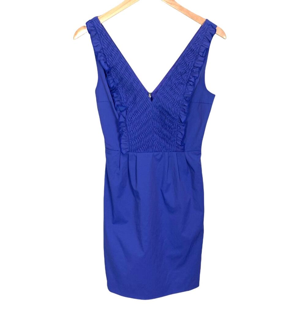 Frock Tracy Reese Blue Sheath Dress Ruffle Tuxedo Smocked Front 2 XS